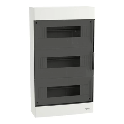 Schneider EASY9 kiselosztó, 3x12 modul, PE+N sínnel, füstszínű ajtóval, falon kívüli szerelésű EZ9EUC312 Schneider EASY9 kiselosztó, 3x12 modul, PE+N sínnel, füstszínű ajtóval, falon kívüli szerelésű EZ9EUC312