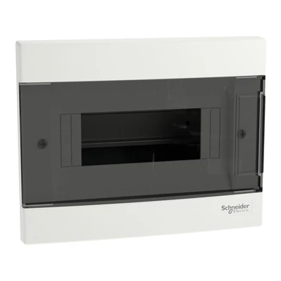 Schneider EASY9 kiselosztó, 8modul, PE+N sínnel, füstszínű ajtóval, süllyesztett szerelésű EZ9EUA108