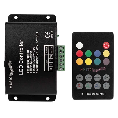 Ultralux RGBRF12MC RF Zenei vezérlő RGB LED világításhoz távirányítóval, 12A, 12-24V DC
