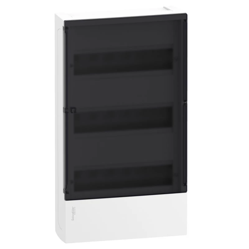 Schneider EASY9 kiselosztó, 3x12 modul, PE+N sínnel, füstszínű ajtóval, falon kívüli szerelésű EZ9E312S2S